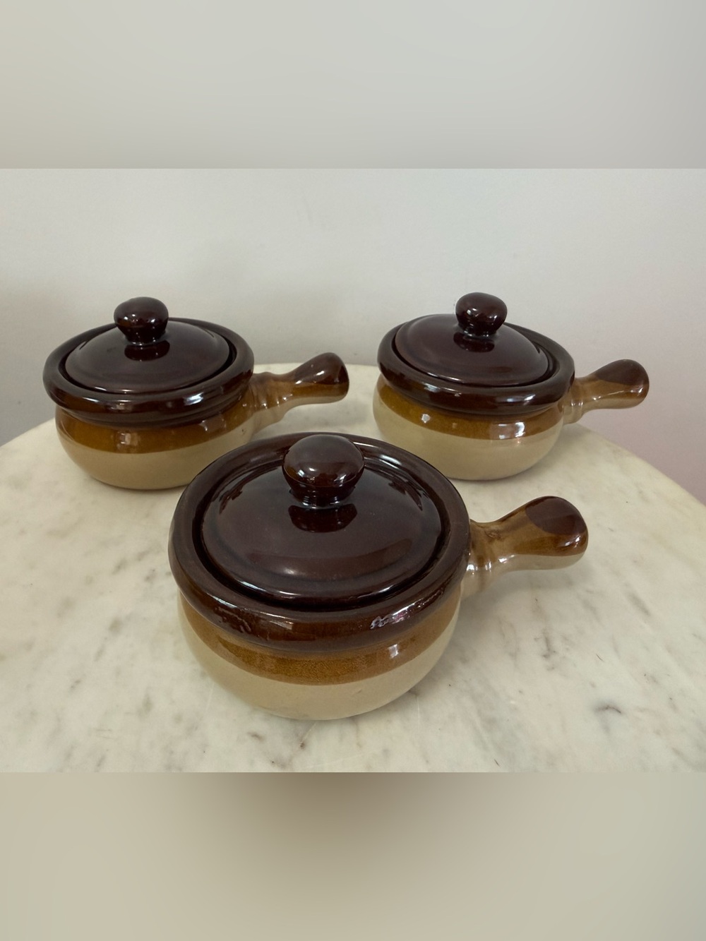 Vintage French Onion Soup Crocks Handled Bowls with Lids Brown Glazed Set of 3